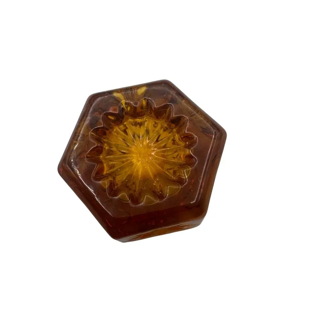 Amber Hexagon Glass Salt Celar Dish With Floral Etching
